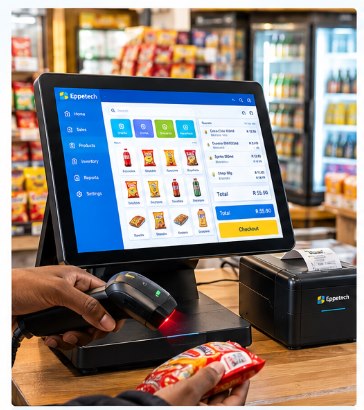 A cashier scans a snack packet with a handheld barcode scanner at an Eppetech POS touch-screen terminal, with a receipt printer beside it on the counter.