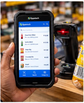 A hand holds a rugged Android POS device showing the Eppetech product list with barcodes and prices, next to a barcode scanner on a shop counter.