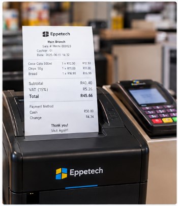 An Eppetech-branded receipt printer with a printed till slip, next to a card payment terminal on a shop counter.